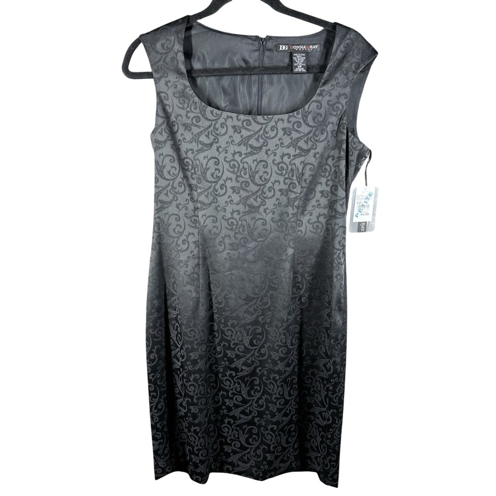 Donna Gray Dress Womens 10P Black Jacquard Damask Sleeveless Sheath